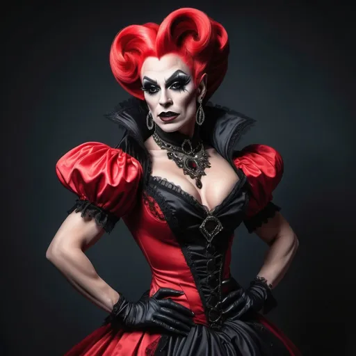 Prompt: elegant muscular vampire drag queen in red and black tones and victorian dress