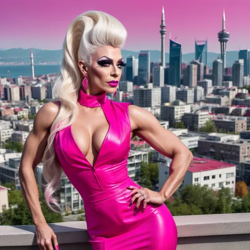 Prompt: Gorgeous muscular 35-year-old Turkish drag queen with very long platinum blonde updo hair in a hot pink outfit and 8 inch stiletto high heel shoes, with a cityscape background, Erlund Hudson, transgressive art, promotional image, a character portrait