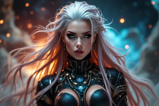 Prompt: (starwars universe), (steampunk uniform),
(jedi), (hyper-realistic gorgeous muscular 35-year-old French drag queen bodybuilder), (very long flowing hair), (black high-tech clothes), (space backdrop), (futuristic world), ethereal ambiance, influenced by catholic art, (cinematic lighting), mysterious atmosphere, deep starscape, vibrant cosmic colors, blending tradition with modernity, enchanting presence, inviting gaze, intricate technologies surrounding her, ultra-detailed, HD quality.