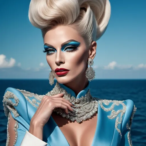 Prompt: A mesmerizing portrait graces the cover of an elite fashion magazine, capturing the essence of high-end sophistication. Set against a ocean-blue backdrop, the gorgeous, muscular, Hungarian drag queen (slight masculine jawline and brow features), model exudes confidence and allure, Large busom, adorned in exquisite fashion garments that epitomize elegance and class. This breathtaking image transcends traditional notions of style, embodying an innovative vision of haute couture that pushes the boundaries of modern aesthetics.