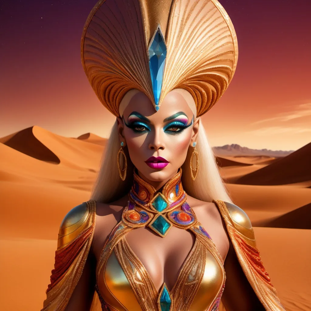 Prompt: The most beautiful drag queen on Arrakis wearing the traditional Krypton dress.