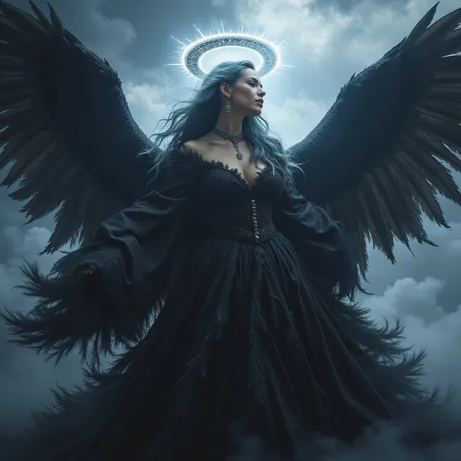 Prompt: Lucifuge Rofocale (Light-Bringer) gorgeous drag queen fallen angel, (ethereal and haunting), dramatic wings, dark flowing robes, piercing gaze, mystical light emanating from halo, celestial background filled with turbulent clouds, moody atmosphere contrasting light and shadow, intricate details in feathers and fabric, ultra-detailed, high definition, vibrant colors merging with dark tones, a sense of power and vulnerability intertwined.
