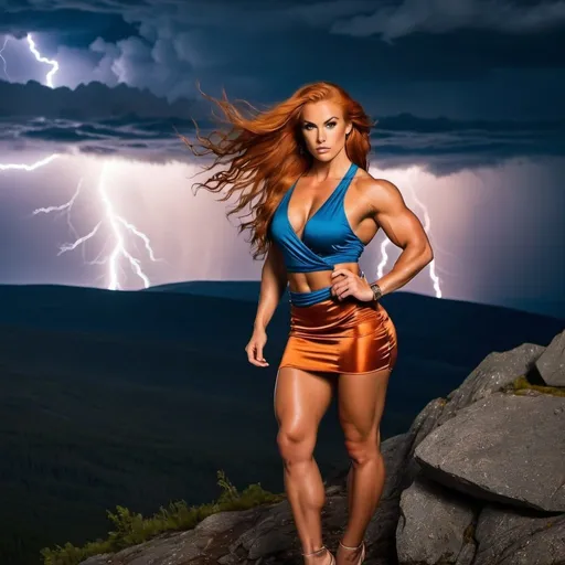 Prompt: A picture of a Gorgeous, ultra-muscular, 
Finnish 25-year-old goddess bodybuilder with huge busom and long stylish wavy burnt orange hair, wearing short wrap-around skirt, a wrap-around blouse, and 8 inch stiletto high heel shoes, alone on a mountain top during a lightning storm.