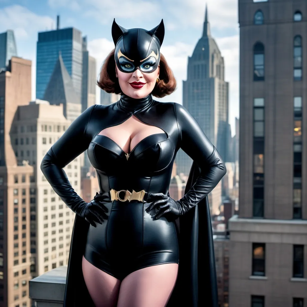 Prompt: Peter Griffin dressed as a 25-year-old gorgeous drag queen Catwoman posing on the ledge of a building, high above Gotham.