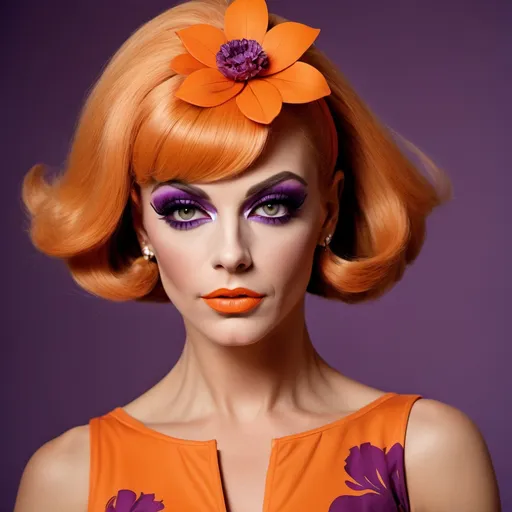 Prompt: Mod casual top, 1966, fashionable for gorgeous muscular 25-year-old German drag queen bodybuilder, sassy, iconic, modest, timeless, boho chic, floral, bright, aubergine, orange, dark eye makeup,  dark lipstick 