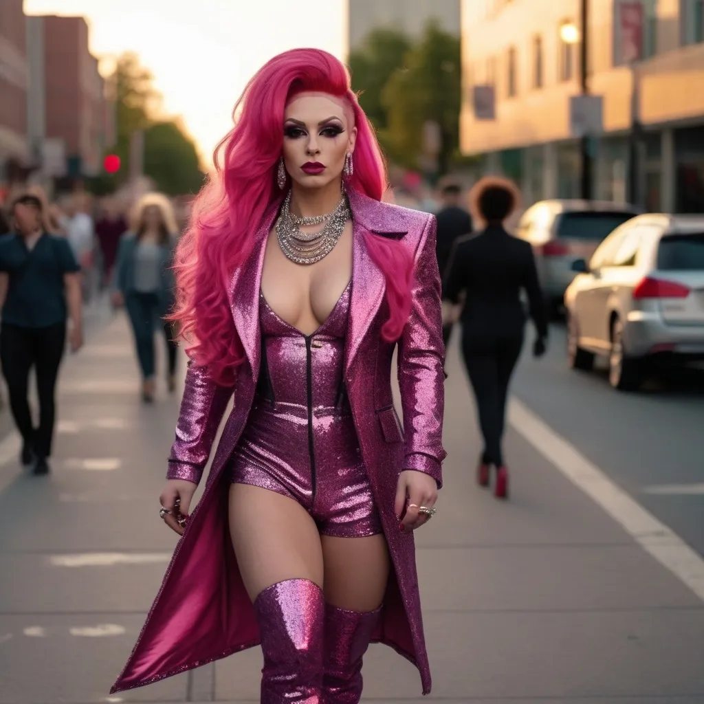 Prompt: A high definition hyper-detail live action digital photograph of A gorgeous ultra-muscular 25-year-old Polish genderfluid drag queen with long dark pink hair wearing an amazing ensemble of both men and women's attire, and 8 inch stiletto high heel shoes.  Walking down the street at sundown.