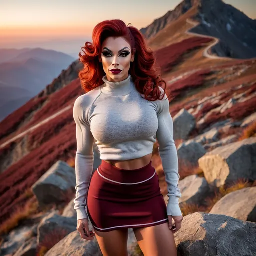 Prompt: Full body image of a beautiful, Tall, athletic Italuan drag queen bodybuilder with highlighted wavy dark red hair. Hair in a tighy ponytail.  Wearing a tight sweater and a short skirt.  Hiking on a mountain at sunset.