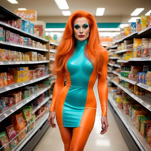 Prompt: Full body 64k hi-res hd digital photograph of a candid Full body shot from head to feet of Ted Knight dressed up as a gorgeous ultra-muscular 25-year-old French drag queen with dark orange long hair wearing a neon teal body con dress with a high neckline and plain black pointy 8 inch stiletto high heel shoes, posing in the grocery store