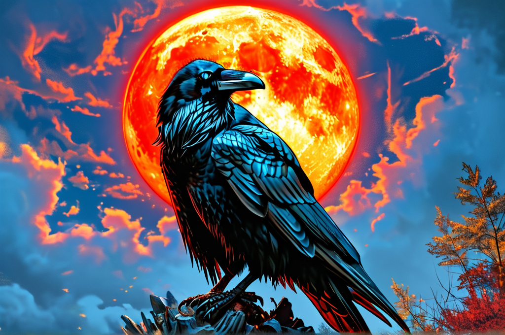 Prompt: A raven sitting atop a human skull lit by a blood moon