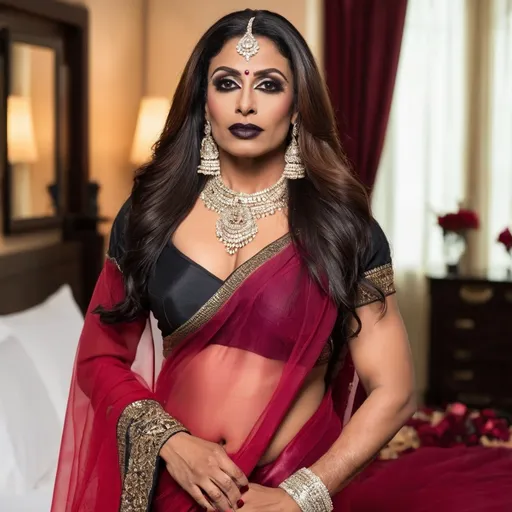 Prompt: Full body hi-res 64k digital photograph of A beautiful muscular 35-year-old Indian drag queen (very strong masculine jawline and brow features) with dark red long hair, wearing an elegant saree, dark eyeshadow and dark lipstick, with a gorgeous look on her face and her lower lips slightly open, exuding passion, ready to bring joy and intimacy to your honeymoon nights as your loving wife. 