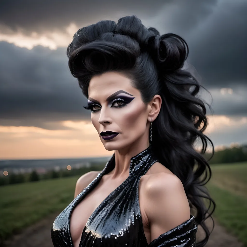 Prompt: Gorgeous muscular 35-year-old Czechian drag queen with long black flowing updo hair, dark eyeshadow and dark lipstick, long flowing sequined gown, romantic outdoor setting, dramatic sky, An ultra-realistic photograph captured with a Sony α7 III camera, equipped with an 85mm lens at F 1.2 aperture setting,  The image, shot in high resolution and a 16:9 aspect ratio, captures the subject’s natural beauty and personality with stunning realism –ar 16:9 –v 5.2 –style raw