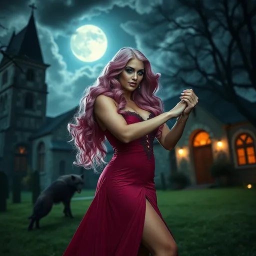 Prompt: Gorgeous 25-year-old Finnish drag queen bodybuilder with long wavy pink hair, in a high slit evening gown with a lace front and a collar, waltzes with werewolf in a churchyard under the full moon and storm clouds.