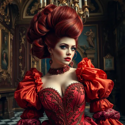 Prompt: Annalena Baerbock in Rokoko Style, the main subject is a gorgeous ultra-muscular 25-year-old Finnish drag queen bodybuilder, She is seen in an opulent, Rococo-inspired mood painted by a blend of Artgerm and Rubens, breathtaking dark red rokoko updo hair, wearing an elaborate dress in vibrant autumn colors. She is made up with dark eyeshadow and dark red lipstick. The dress is rich in architectural details and voluminous, adding to the grandeur of the image. This portrayal is showcasing her in an indoor palace setting. The background is teeming with an abundance of intricate and ornate elements, further accentuating the luxurious ambiance. The description aims to convey the exceptional quality of the image, capturing the viewer's attention through its extraordinary attention to detail and the lavishness it exudes.