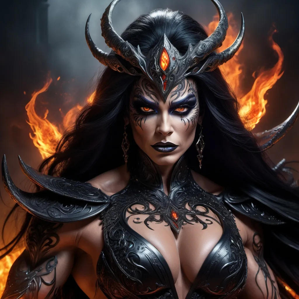 Prompt: In a stunningly detailed 8K cinematic painting, a malevolent drag queen enchantress bodybuilder exudes power and malice through her fiery eyes in a high fantasy realm. Her dark sorcery mastery is evident in her regal yet ominous presence, with flowing ebony hair and intricate, sinister attire that accentuates her commanding presence. The photorealistic depiction captures every intricate detail, from the intricate patterns on her robes to the eerie glow of her magical aura, drawing viewers into a realm of dark and dangerous beauty.