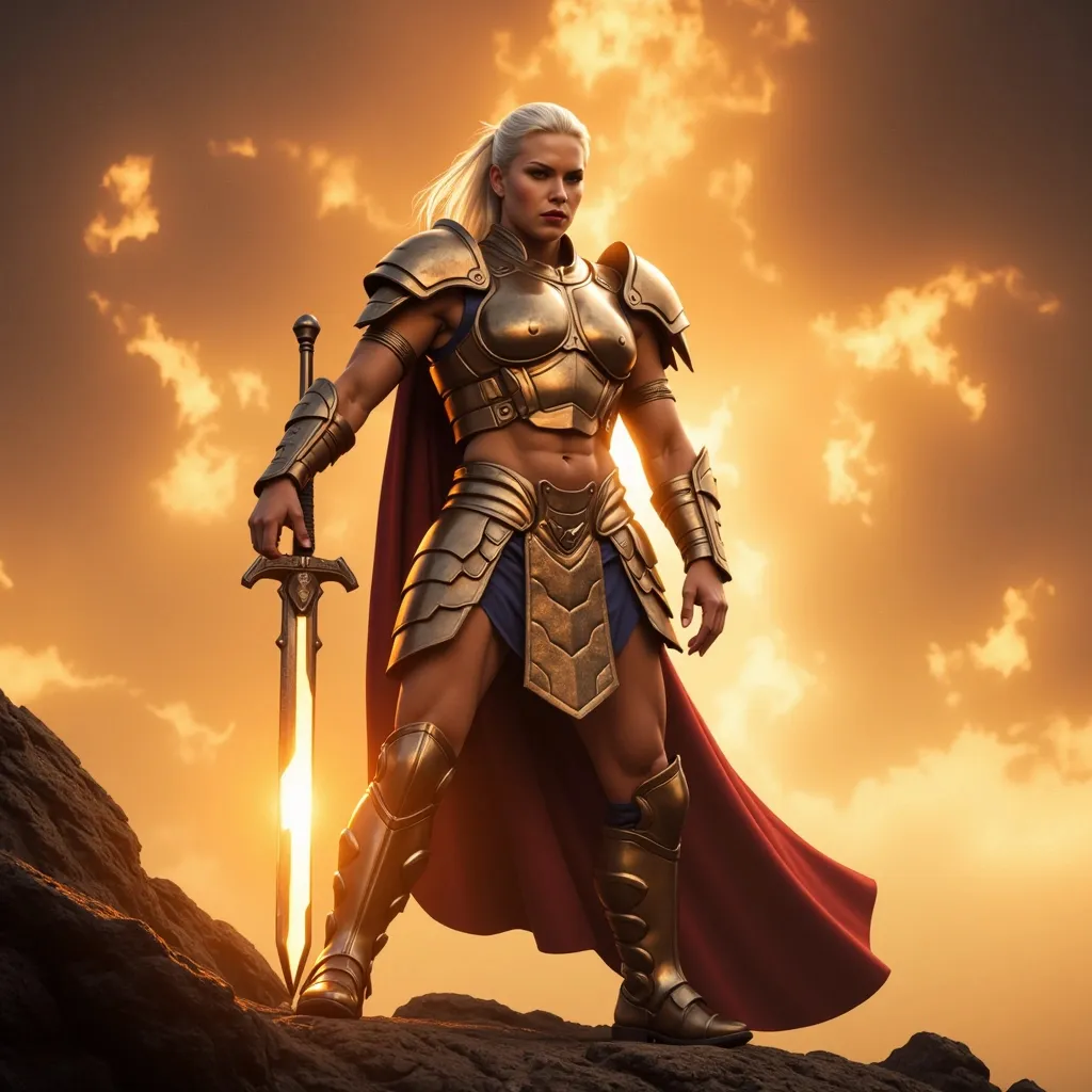 Prompt: Standing majestically against a fiery, golden backdrop, the armored Gorgeous, very muscular, suntanned, 31-year-old, suntanned, Turkish drag queen (with strong masculine facial features, dark lipstick, huge busom, platinum blonde hair) exudes a powerful, imposing presence. Clad in intricately detailed, ornate armor that glimmers under the warm light, the warrior grips a brilliantly designed sword, its edge sparkling with ethereal energy. The background is filled with wispy clouds and the faint hint of a distant landscape, suggesting an epic confrontation or a moment of calm before battle. With one foot planted firmly on rocky terrain, the warrior's proud posture reflects both valor and readiness, embodying the essence of strength and honor in a mythical realm. The rich color palette of oranges and golds enhances the dramatic mood, inviting viewers into a world of fantasy and adventure.