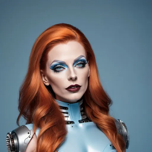 Prompt: A gorgeous 35-year-old German drag queen visible upper body and thighs, featuring a mix of human and robotic elements. Her (masculine jawline and brow) facial details are sharp, with a neutral expression and blue eyes. She has dark eyeshadow and dark red lipstick. She has long, straight orange hair that partially covers her face. She is wearing a light blue, fitted bodysuit with metallic, robotic arms and legs that show mechanical joints and components and 8 inch stiletto heels. The suit has signs of wear, including blemishes and scratches. Her pose is dynamic, with one leg raised and an arm resting against a structure. Exposed skin is visible at the upper thighs. The background is a muted, industrial setting with a cloudy atmosphere. The mood is serious, and the lighting is soft, contributing to a cool and futuristic ambiance.