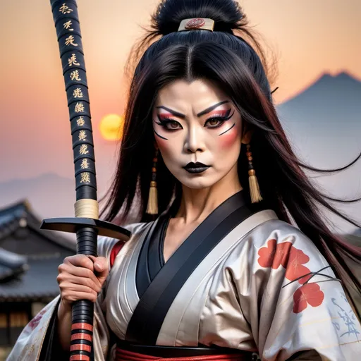 Prompt: A gorgeous muscular 35-year-old Japanese drag queen Samurai (dark eye makeup, dark lipstick, big busom, and dark black hair) wearing a traditional ancient Samurai Yorkie and holding a katana in each hand in a battle stance. 13th century Japan at sunset.