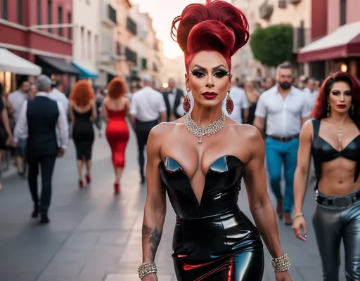 Prompt: A high definition hyper-detail live action digital photograph of A gorgeous ultra-muscular 45-year-old Israeli genderfluid drag queen with long dark red updo hair wearing an amazing ensemble of both men attire and women's attire, and 8 inch stiletto high heel shoes.  Walking down the street at sundown.