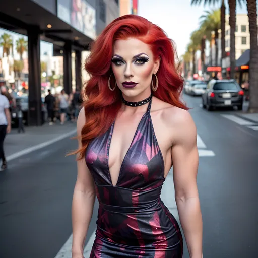 Prompt:  Gorgeous muscular 25-year-old Finnish drag queen with cute sassy bright red hair, dark eyeshadow,  dark lipstick,  wearing A trendy short printed halter dress popular in the United States, designed for women aged 25-35. Posing on Hollywood Boulevard. 