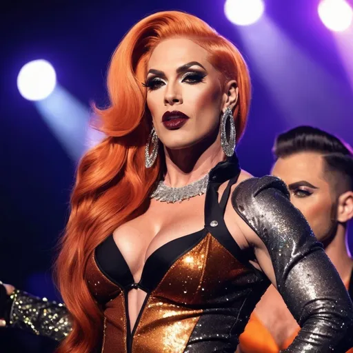 Prompt: Gorgeous muscular 35-year-old superstar drag queen (strong masculine jawline and brow features) with long flowing bright orange hair, dark eyeshadow, and dark red lipstick. Glittery sparkly knee-high sliver high heel boots.  Singing at a big concert 