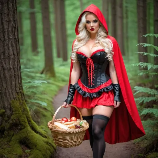 Prompt: Gorgeous muscular 25-year-old Finnish goddess bodybuilder with huge busom and ridiculously long platinum blonde wavy hair dressed as little red riding hood with a hooded cape, a cute short ruffle skirt, tight corset, thigh-high sheer nylon stockings, and 8 inch stiletto high heel shoes. Wearing smokey eye shadow, mascara and dark red lipstick. Walking a path through the forest carrying a basket of food.