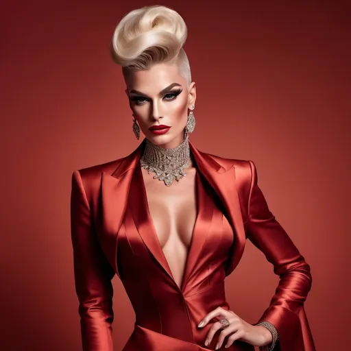 Prompt: A mesmerizing portrait graces the cover of an elite fashion magazine, capturing the essence of high-end sophistication. Set against a sunset-red backdrop, the gorgeous, muscular, Hungarian drag queen (slight masculine jawline and brow features), model exudes confidence and allure, adorned in exquisite fashion garments that epitomize elegance and class. This breathtaking image transcends traditional notions of style, embodying an innovative vision of haute couture that pushes the boundaries of modern aesthetics.