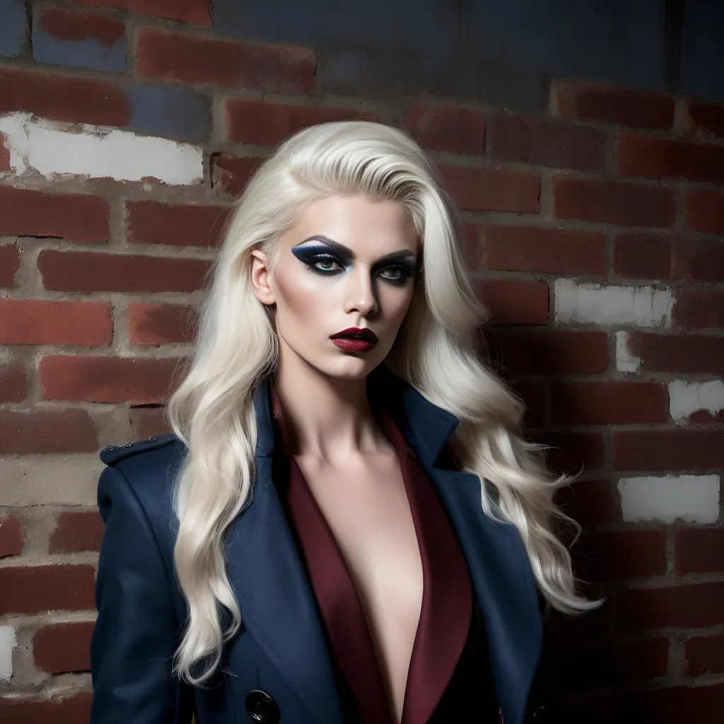 Prompt: Dramatic editorial fashion photograph in an industrial loft space, gorgeous muscular 25-year-old Czechian drag queen model (strong masculine jawline and brow features) with long luscious platinum blonde hair, dark eyeshadow, bearing  dark red lipstick, wearing a tailored Prussian blue wool coat with technical details, standing against a weathered brick wall painted battleship grey. Floor-to-ceiling windows, streaming natural light, contemporary furniture pieces in slate grey and black. Cinematic color grading, high fashion photography style, medium format camera aesthetic, inspired by Steven Meisel's work. 8K quality, photorealistic detail."