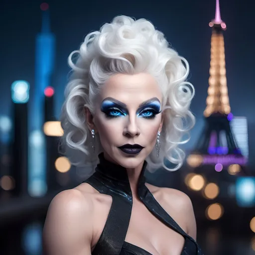 Prompt: (realistic image of futuristic French drag queen age-55), (muscular, pretty, curvy, muscular), light skin, (curly white updo hair), blue eyes, (dressed in a black dress), dark eye makeup, dark lipstick, posed flirty, futuristic city background, misty morning, (rich textures), (soft lighting), (ultra-detailed), 4k quality, opulent decor.