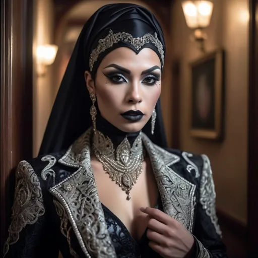 Prompt: hyper-detailed dull photo of a gorgeous muscular masculine 25-year-old Betawi drag queen (with strong jawline and chin), with dark eye makeup, dark lipstick, venetian lace jilbab, cropped jacket, foggy old hallway, art pose, medium format, epic character composition, sharp focus, intricate filigree details, cinematic lighting, volumetric fog, award-winning, masterpiece, 64K, professionally color graded