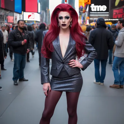 Prompt: Gorgeous masculine 25-year-old Czechian drag queen with long dark red hair wearing a mix of men's and women's clothes. 8 inch stiletto high heel shoes.  Dark eye makeup and dark lipstick.  Location: Time Square.