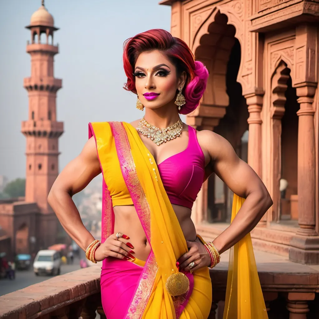 Prompt: Gorgeous ultra-muscular 25-year-old Pakistani drag queen bodybuilder with short dark red updo hairstyle wearing a Yellow saree with hot bose and 8 inch stiletto high heel shoes. Posing at The Walled City of Lahore.