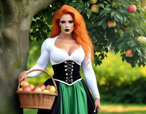 Prompt: 4k image, A serene image featuring a gorgeous ultra-muscular 25-year-old medeival drag queen bodybuilder with orange hair standing by a tree in a medeival attire, consisting of a white blouse, green shawl, and black skirt, holding a wicker basket with apples inside, set against lush greenery with a soft, dreamy quality.  we see a medeival village in the background and sunrise in the far back, Michelangelo's style, Digital Image