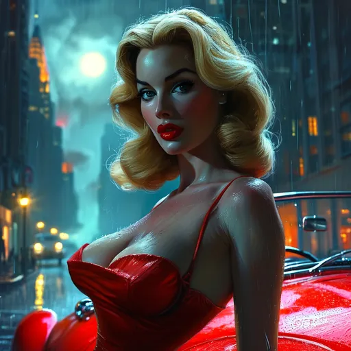 Prompt: ((In the style of film noir)) Jessica Rabbit live action played by a gorgeous ultra-muscular 45 years old Czechian goddess bodybuilder, dressed in a sensual, form-fitting red gown, illuminated by a dim streetlamp in a gritty, rain-soaked city. She leans against a vintage, black convertible, a cigarette holder delicately held between her fingers, the smoke enveloping her like a mysterious haze. In the background, shadows cast by towering skyscrapers create an ambiance of intrigue and danger.