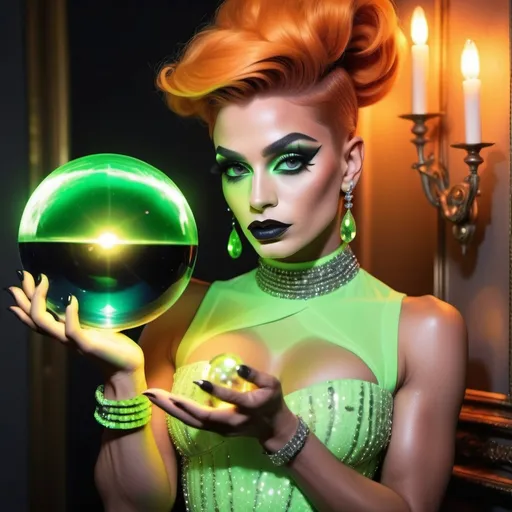 Prompt: a gorgeous muscular 25-year-old French drag queen (with masculine facial features) with dark eyeshadow,  dark lipstick, and orange updo hair, wearing a neon green Coco Chanel dress holding crystal ball filled with lightning, Ayshia Taşkın, private press, hourglass slim figure, a pastel