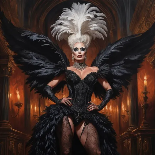 Prompt: High-quality oil painting of a muscular drag queen  wearing a striking costume , heading toward an gothic themed party, dark velvet curtain around, hauntingly beautiful dim candlelight, intricate details in the costume like feathers and ruffles, a mysterious ambiance all around, ultra-detailed, rich colors with deep contrasts, showcasing her confident stride against a backdrop of ornate gothic architecture.