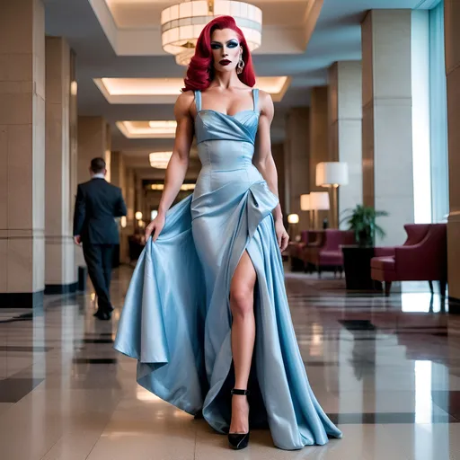 Prompt: A gorgeous  muscular 25-year-old Czechian 
drag queen wearing a powder blue silk dress with a square neck line, draped fabric on the full-length skirt with a structured bodice, dark eye makeup and dark lipstick,  8 inch stiletto high heel shoes walking through a high-quality hotel lobby. 

