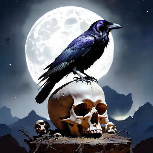Prompt: A raven sitting atop a human skull lit by moonlight.