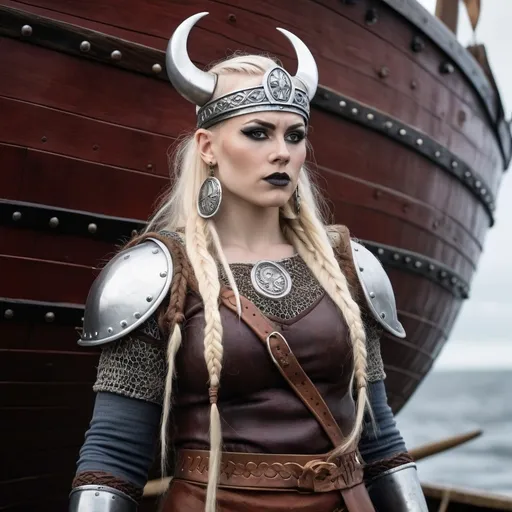 Prompt: A full length image of a Gorgeous muscular 25-year-old drag queen shield (with slight masculine jawline and brow facial features) maiden of the Viking Kingdom of Jorvik 875AD standing by A Viking Longship. She has long loose platinum blonde hair, dark eye make and dark lipstick..  She has a large busom. She is wearing traditional Viking female clothing of the period. She is wearing Viking face and body jewellery.