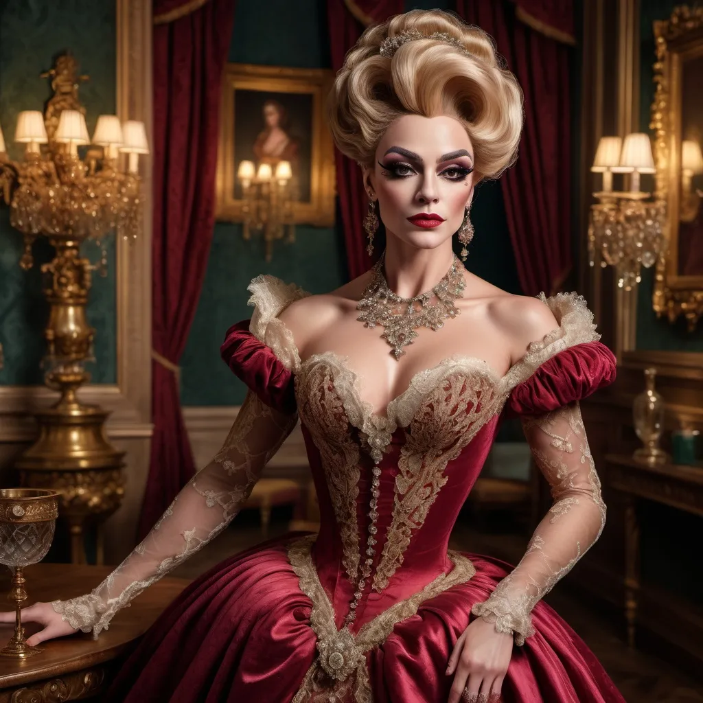 Prompt: (elegant 1600s gorgeous muscular British drag queen (masculine jawline and brow features)), historically accurate gown, adorned with intricate lace, lavish sparkling jewelry, (soft warm lighting), standing in a beautifully designed parlor, rich color tones, opulent decor, (highly detailed textures), saturated hues, atmospheric elegance, inviting ambiance, (4K ultra-detailed), artistry that captures the essence of wealth and sophistication.