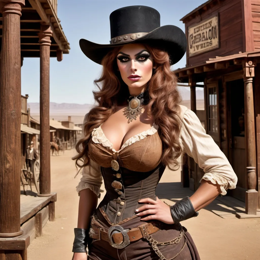 Prompt: A gorgeous muscular 20-year-old Italian bounty hunter drag queen (huge busom and perfect glamorous makeup) of the Wild West in the 1880s stands at the entrance of a dusty saloon. 