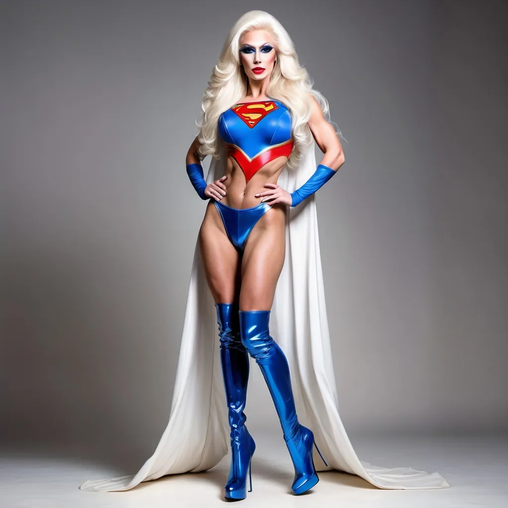 Prompt: Gorgeous Drag queen bodybuilder supergirl platinum blonde very long hair 8 inch stiletto high heel thigh-high boots 