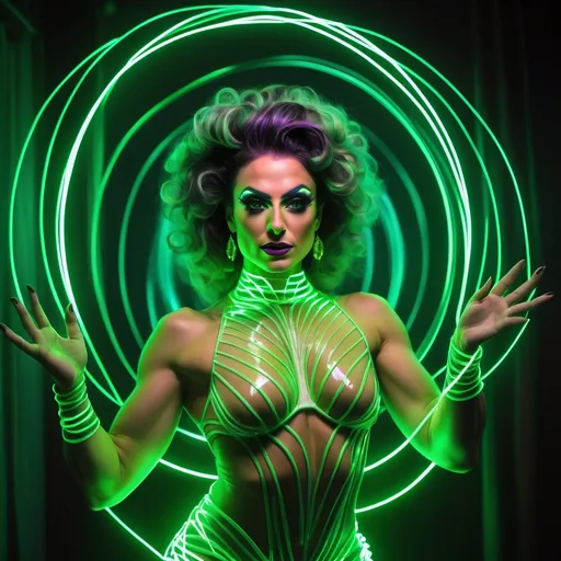 Prompt: An illuminated gorgeous muscular 35-year-old Turkish drag queen glass dancer glowing from within, glowing streaks of neon green lasers spiraling around her