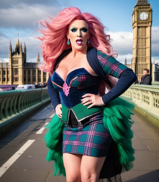 Prompt: 8k hi-res hd digital realistic photograph of Greg Davies dressed up as a windswept ridiculously long pink haired Czechian drag queen with blue eyes, square face, huge busom, walking on Westminster Bridge, Big Ben in background, wearing blue-green tartan sweater, navy pencil skirt, black 8 inch stiletto high heel shoes, windswept hair, muscular physique, summer day, high-res, pro photo, detailed facial features, realistic style, sunny day lighting, muscular physique, fluid movement, dynamic motion. Ultra-detailed.  Ultra-realistic.