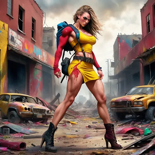 Prompt: Apocalyptic scene of a survivor, strong emotions, action, movement, gorgeous ultra-muscular 25-year-old British female goddess bodybuilder in tattered tight colorful dress, 8 inch stiletto high heel shoes, backpack, knife in belt, colorful distressed clothing, three quarter profile, wary, determined, brave, confident , searching for supplies, intense profile, post-apocalyptic setting, gritty artistic style, red and yellow tones, dramatic lighting, detailed facial features, highres, detailed