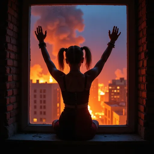 Prompt: Drag queen Harley Quinn perched on a window, hands in the air in triumph, gazing into a fiery cityscape, flames illuminated against a dark sky, dramatic tones, vivid reds and oranges, smoke swirling in the air, high detail, moody atmosphere, urban environment, nighttime, powerful contrast, cinematic lighting, ultra-detailed, surreal and intense emotional vibe.