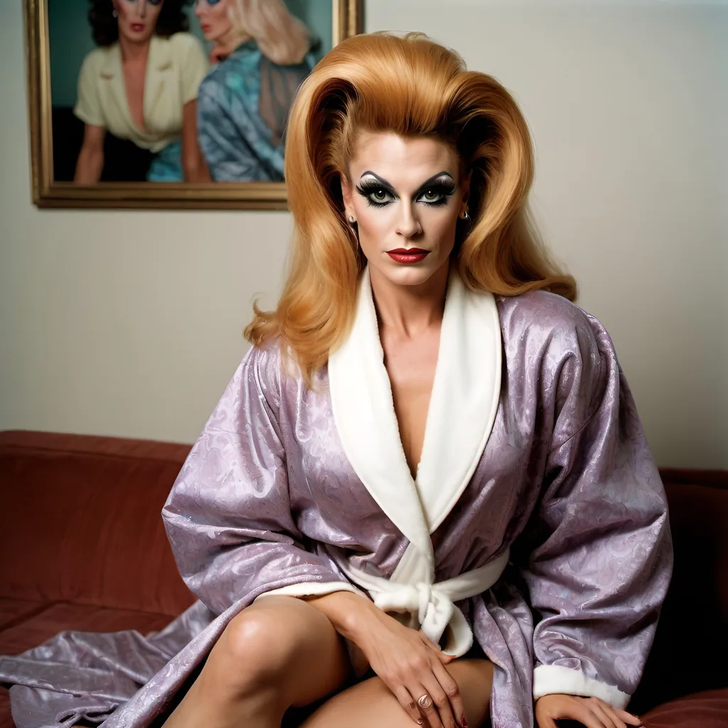 Prompt: A gorgeous muscular 30-year-old Czechian drag queen housewife in the 1990s wearing a house coat. Posing in the living room.