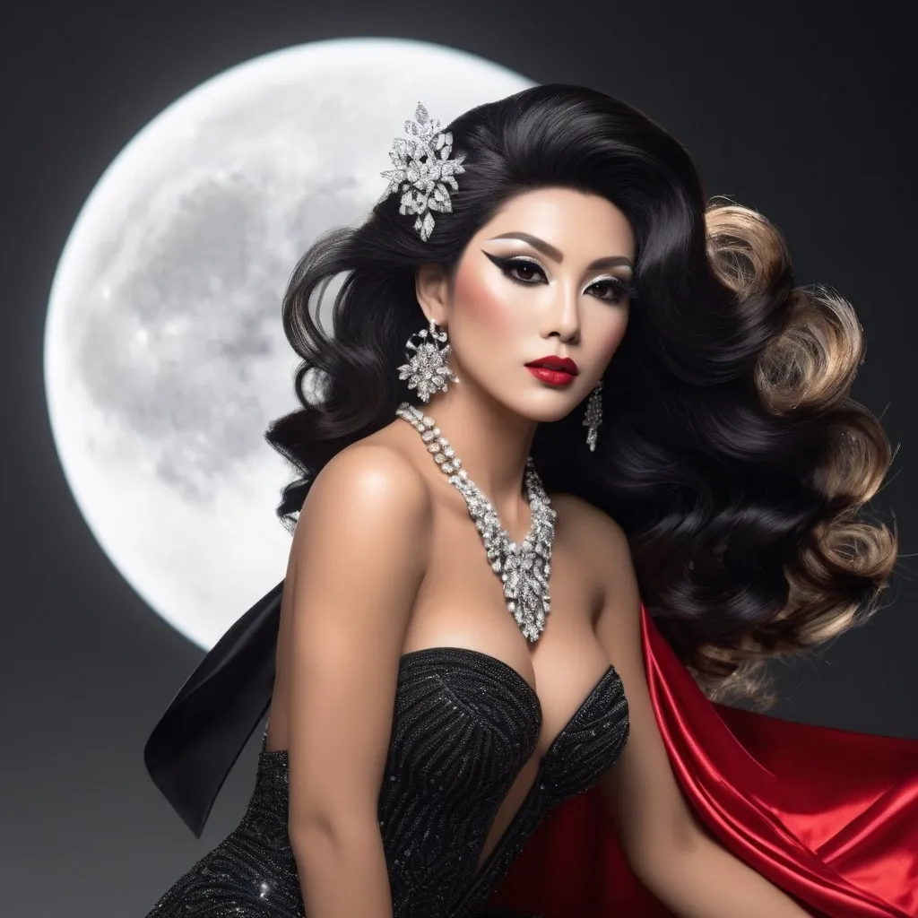 Prompt: Ultrarealistic full-body shot of a beautiful muscular Japanese drag queen, captured off-center, with visible legs and feet. She is adorned in celestial, otherworldly dark attire complemented by shades of red and cream. Her outfit is further enhanced with exquisite white and golden accessories, dominated by luxurious white sparkling diamonds. Natural moonlight bathes her features, adding a subtle depth, and a blurred, smoky black-and-white cloudy background with an oversized moon isolates her radiant form. This luxurious and luminous composition ensures her full-body figure stands out, from head to toe.