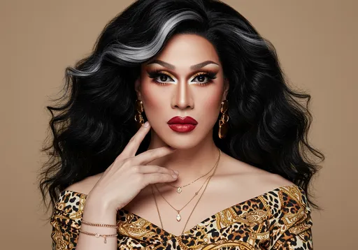 Prompt: With striking features and an undeniable elegance, the 35-year-old Japanese drag queen poses confidently for the camera, her voluminous black hair accentuated by a prominent silver streak at the front. Her makeup is bold, featuring warm orange tones that beautifully complement her complexion, and her lipstick is dark  red highlighted. Adorned in a patterned off-the-shoulder dress showcasing a mix of leopard print and vibrant gold accents, she enhances her look with layered gold jewelry, including chains and a delicate bracelet that catch the light. The soft, neutral backdrop emphasizes her glamorous presence, setting a sophisticated yet striking mood that captivates the viewer.