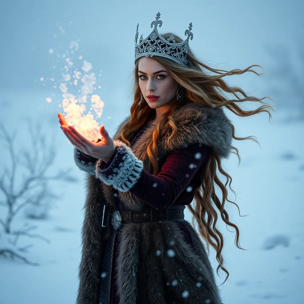 Prompt: High-resolution, cinematic-style photograph featuring a gorgeous Nordic drag queen Ice goddess, standing in the frozen wilderness conjuring up a snow storm.