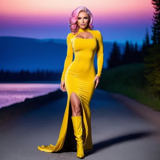 Prompt: Gorgeous ultra-muscular 25-year-old Czechian goddess bodybuilder with huge busom and short styled pink hair, wearing a long backless yellow gown, and 8 inch stiletto high heel shoes, standing in wilderness with the northern lights in the background, no shoes on, running in puddles, full body shot, cobblestone street, 5 0 0 px models, amazement, photo render, eye-candy, a woman with blue eyes gazing longingly at the viewer, perfect skin, no blemishes, perfect white teeth, aquiline features, detailed makeup, flawless,